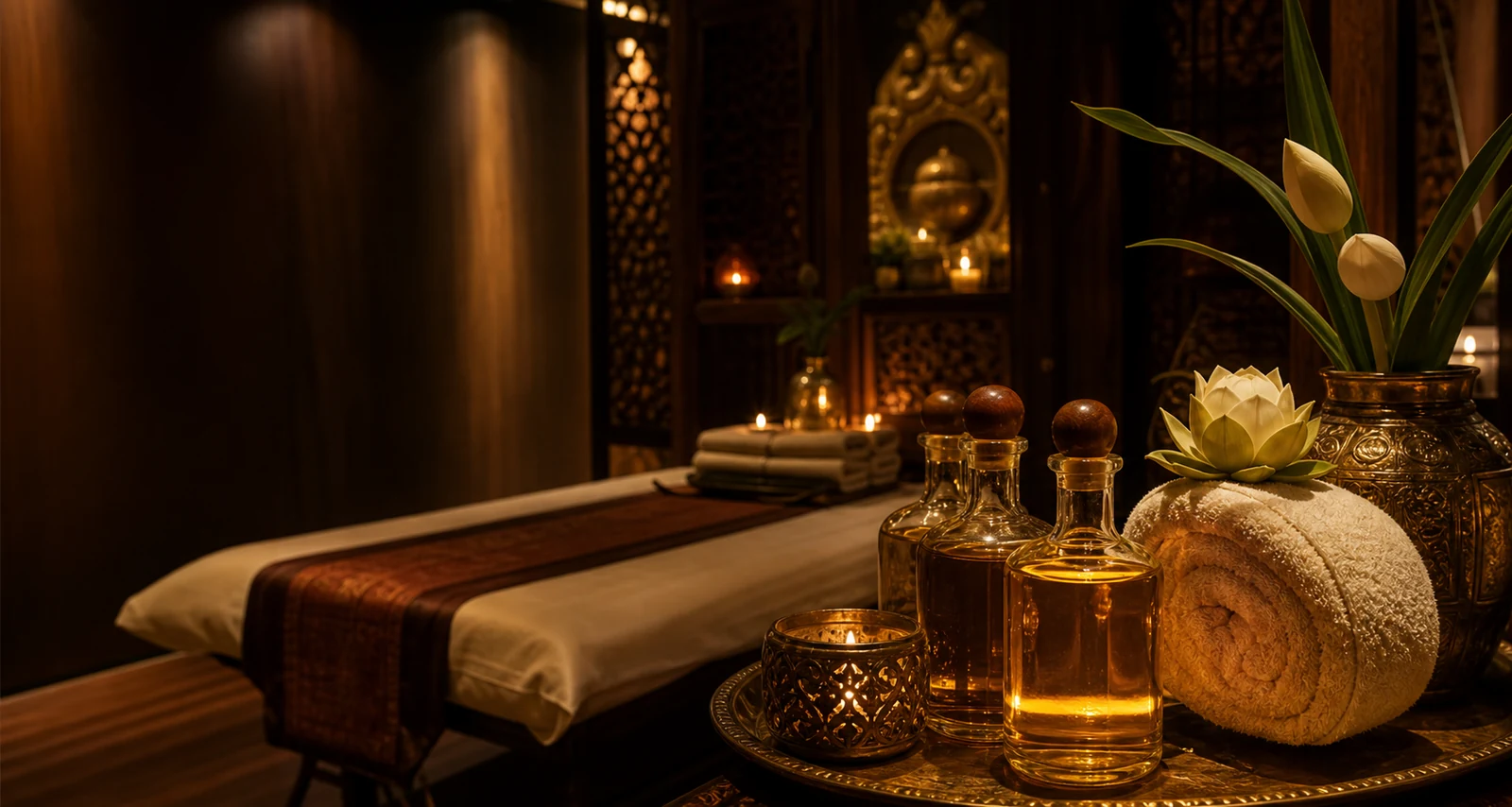 Salle tamisée pour massage aux huiles chaudes